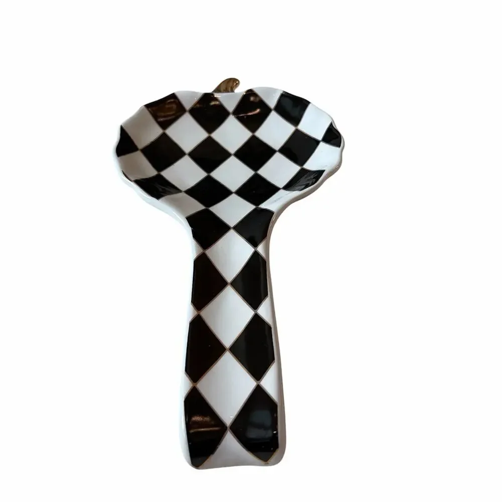Black & White Harlequin Pumpkin Spoon Rest 10in Ceramic Checkered Halloween NEW